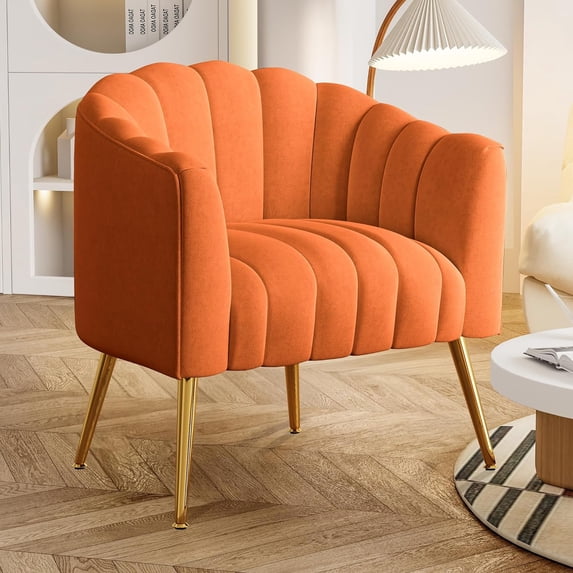 SEYNAR Oversized Glam Velvet Pumpkin Barrel Accent Chair,Modern Upholstered Cream Side Sofa Armchair for Living Room,Vanity(Orange)