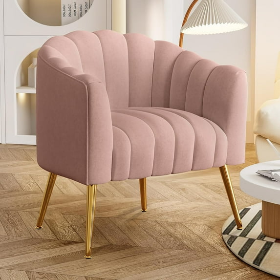 SEYNAR Oversized Glam Velvet Pumpkin Barrel Accent Chair,Modern Upholstered Cream Side Sofa Armchair for Living Room,Vanity (Pink)