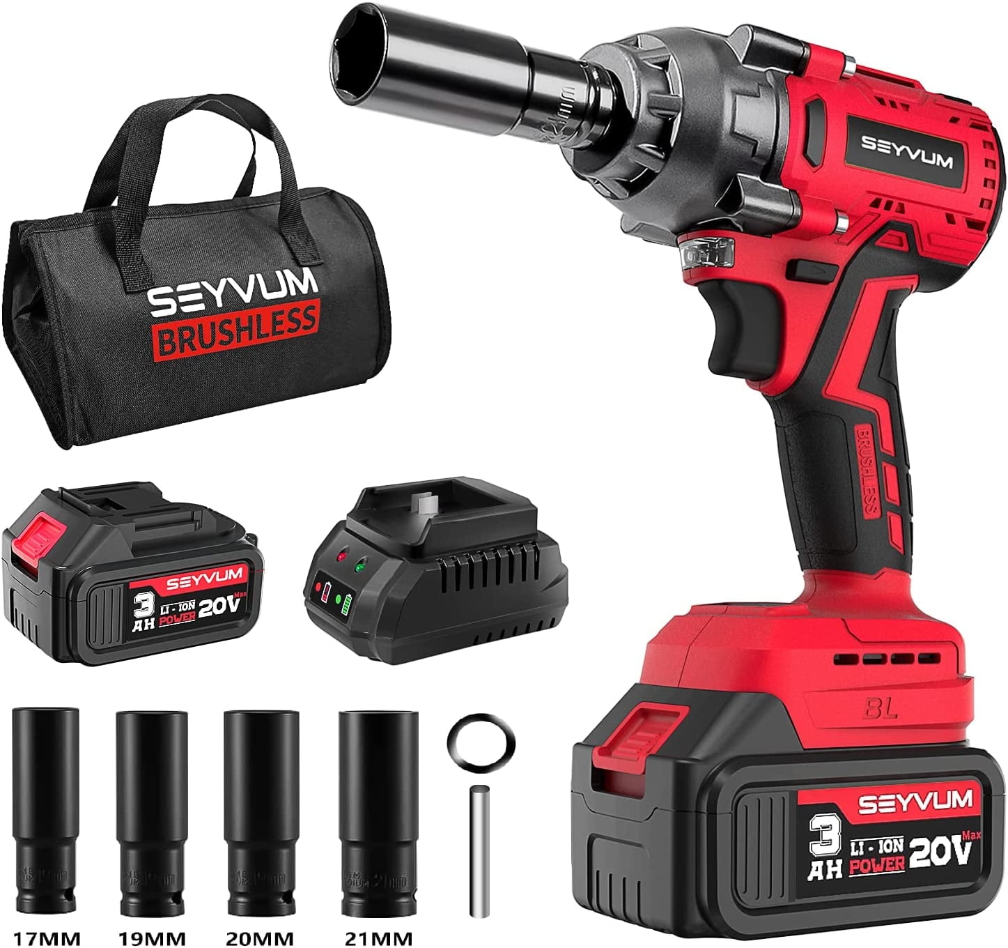 SEYVUM Impact Wrench 1 2 Impact Gun Power Impact Driver Max Torque 320 Ft lbs 430N.m Cordless Impact Wrench with 20V Brushless Motor 3.0Ah