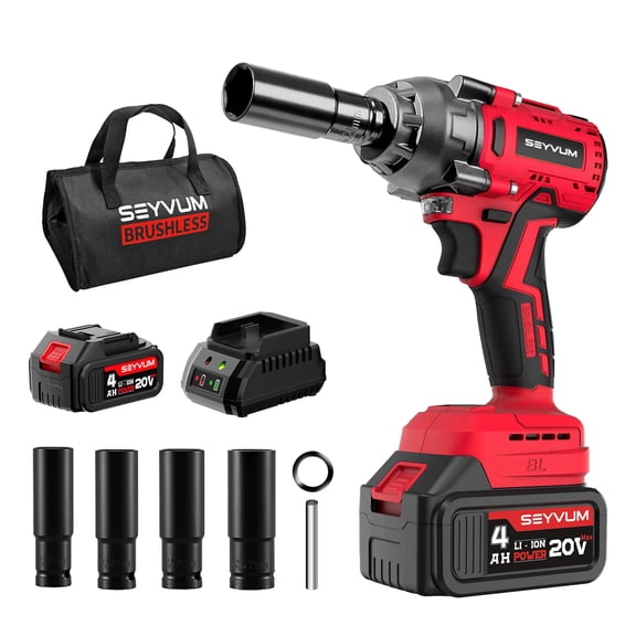 SEYVUM Impact Wrench,1/2" Impact Gun, Power Impact Driver Max Torque 320 Ft-lbs (430N.m), Cordless Impact Wrench with 20V Brushless Motor, 4.0Ah Li-ion Battery with Fast Charger, 4 Pcs Impact Sockets