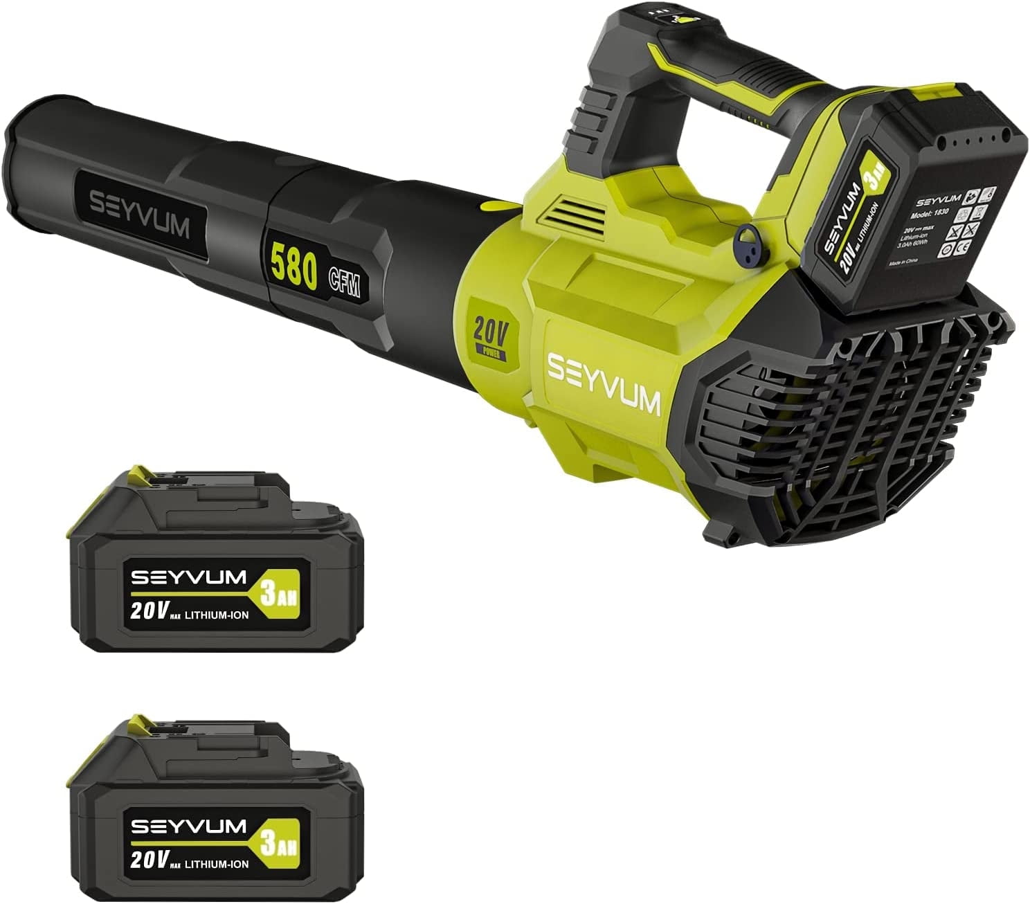 SEYVUM Leaf Blower - 580CFM 20V Leaf Blower Cordless with 2 X 3.0 Battery & Charger, 3-Speed Dial Electric Handheld Leaf Blower - Lightweight Powerful Blower Battery Operated for Lawn Care | Jobsite