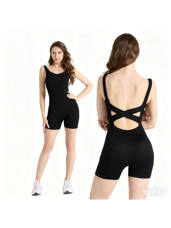 Women's Sleeveless Back Crisscross Jumpsuit - High Stretch Ribbed Shapewear for Tummy Control, Core & Hip Shaping, All-Day Support