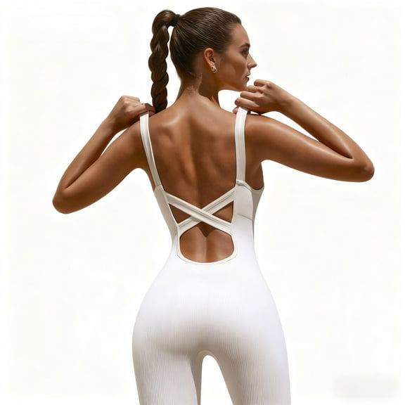 SEZZGU Women's Sleeveless Back Crisscross Jumpsuit - High Stretch Ribbed Shapewear for Tummy Control, Core & Hip Shaping, All-Day Support