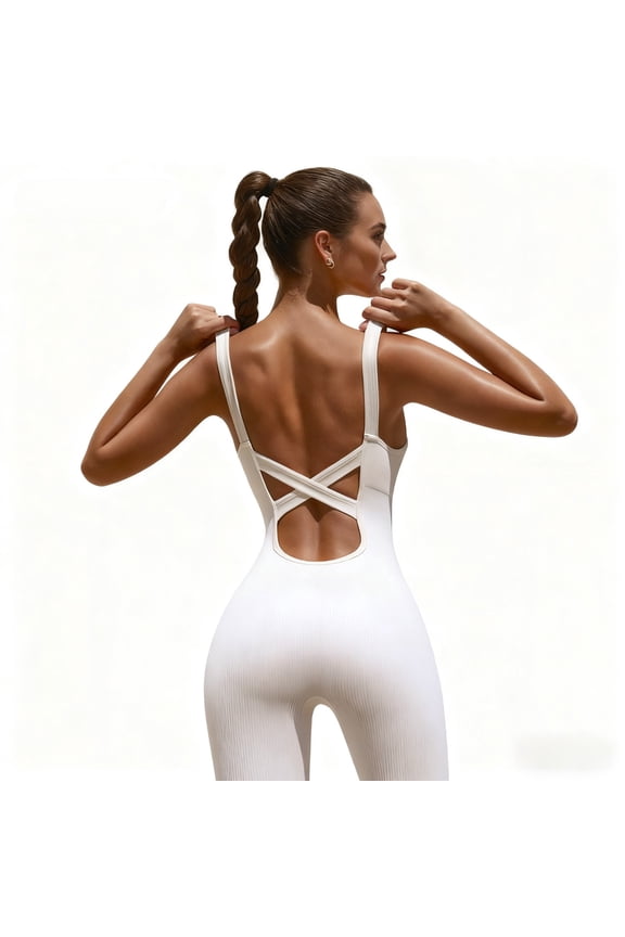 Women's Sleeveless Back Crisscross Jumpsuit - High Stretch Ribbed Shapewear for Tummy Control, Core & Hip Shaping, All-Day Support