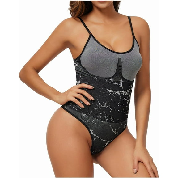 SEZZGU Women's Tummy Control Tie Dye Shapewear Bodysuit - Adjustable Spaghetti Straps, Thong Style Body Shaper Top