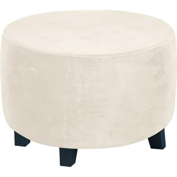 SEase Round Velvet Ottoman Slipcover Covers Footstool Protector Covers Storage Stool Ottoman Covers Stretch with Elastic Bottom 20-23in Ivory