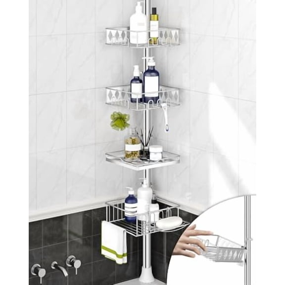 SElRIONE Corner Shower Caddy Tension Pole, Quick Setup, Rust-Free Bathroom Shower Organizer Corner for Bathtub Shampoo Storage, 4-Tier Adjustable Shelf, Drill Free, Fits 34 to 116 Inch Height