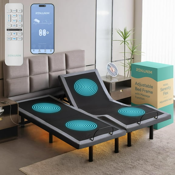 SF Adjustable Bed Frame with Massage - Split King Adjustable Bed Only, USB Ports, UnderBed Light Zero Gravity Electric Base