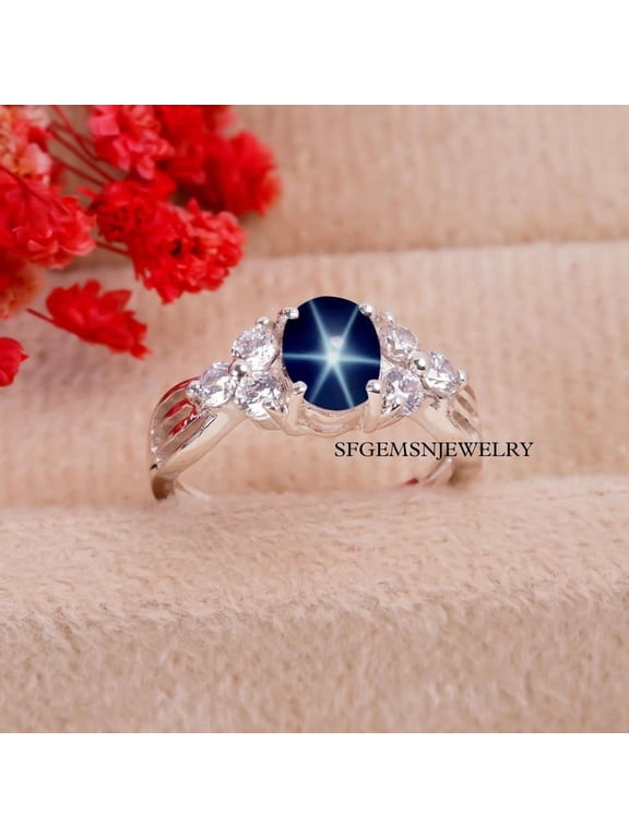 Blue Star Sapphire Ring for Women, 925 Sterling Silver Engagement Ring, Lindy Star Sapphire Promise Ring Silver 4