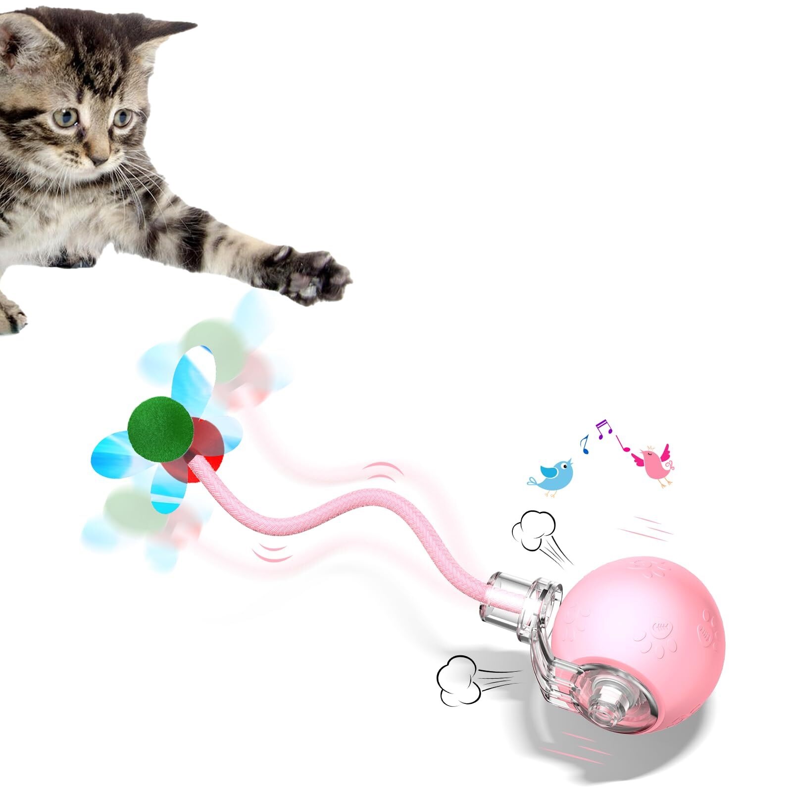 Automatisches Katzen-Spielzeug Ball – Interaktiv, Mit 5 Modi & 2 Geschwindigkeiten, Klatsch-Sensor, LED-Lichter, Leise, Für Einsame Oder Verspielte Katzen (Pink)