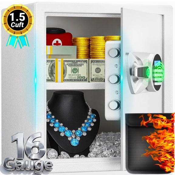 Safe Box,Blacksmith 1.5 Cuft Biometric Safe Lock Box with Fingerprint,Code and Keys Access,16 Gauge Solid Steel Heavy Duty Security Money Safe Lock Cabinet with Fireproof Document Bag,White