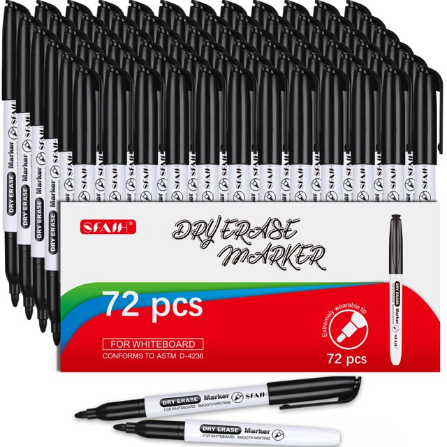 SFAIH Fine Tip Dry Erase Markers 72 Pack Black Whiteboard Erasable