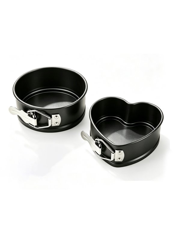 2 Pcs Mini Springform Cake Pan Set 4.4" Round and 4.84" Heart Nonstick Carbon Steel Mold