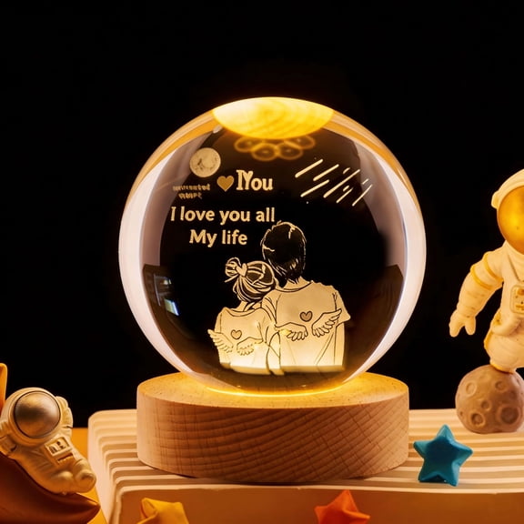 SFASYELY 3D Laser Engraved Crystal Ball Night Light, 3.14-Inch USB Powered Warm LED Decorative Desk Lamp for Bedroom with Wooden Base