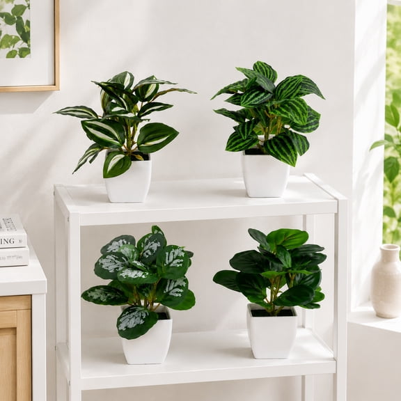SFASYELY 4-Pack Artificial Potted Plants Small Faux Watermelon Leaf Greenery in White Pots for Home Office Desk Decor, 7"