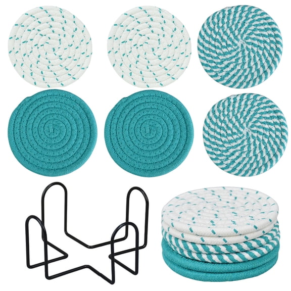 SFASYELY Cotton Rope Woven Coasters 6 Pack Braided Drink Coaster Set with Iron Holder for Mugs and Cups 4.3 Inch