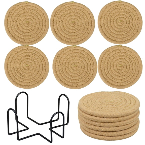 SFASYELY Cotton Rope Woven Coasters 6 Pack Braided Drink Coaster Set with Iron Holder for Mugs and Cups 4.3 Inch