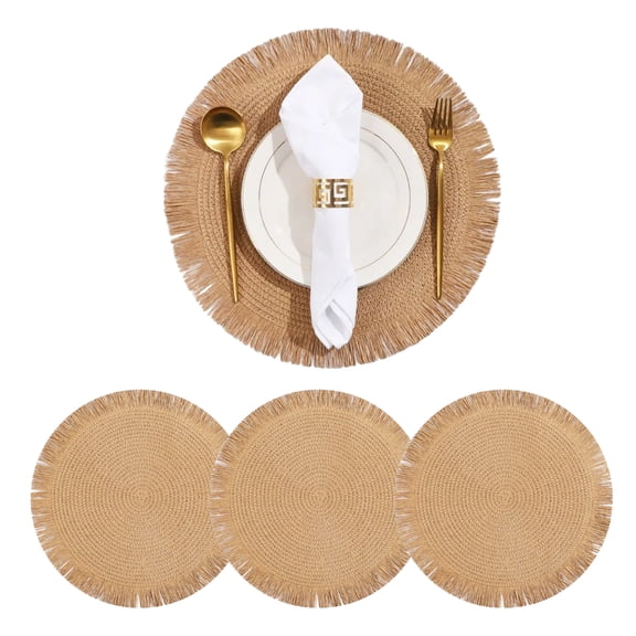 SFASYELY Round Boho Placemats with Fringe, Woven Paper Straw Table Mats, Heat Resistant Dinner Mats for Kitchen Dining Wedding Decor