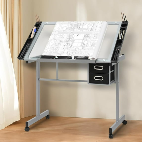 SFI Home Drafting Table with Angle Adjustable Glass Top, Drawing Table with Storage Drawers,Casters, Art Desk Ideal for Drawing, Painting, Writing, Home Office, Clear Glass