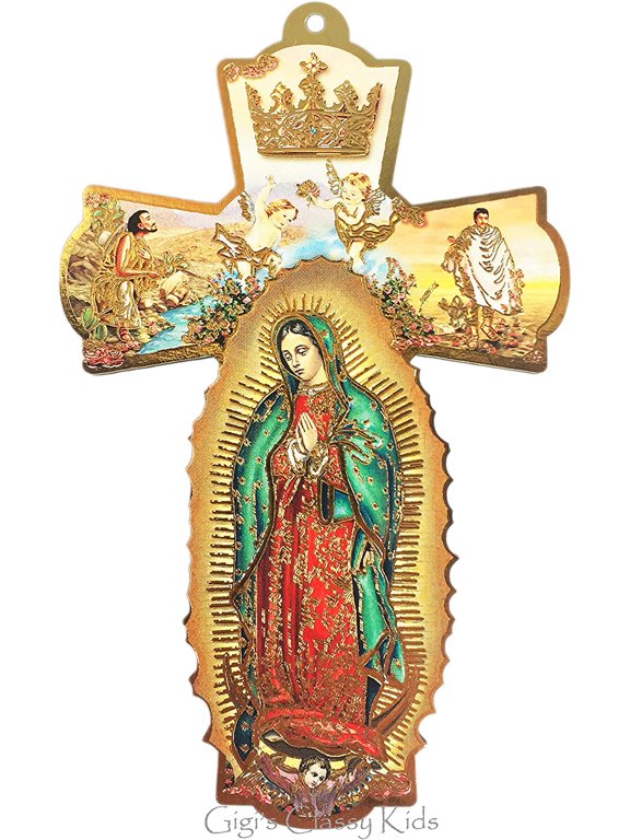 Italian Wooden Wall Cross Decor Our Lady of Guadalupe Virgen Juan Diego Angels 6 Inch