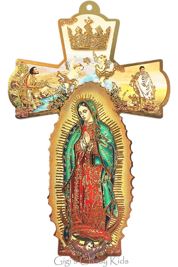 Italian Wooden Wall Cross Decor Our Lady of Guadalupe Virgen Juan Diego Angels 6 Inch