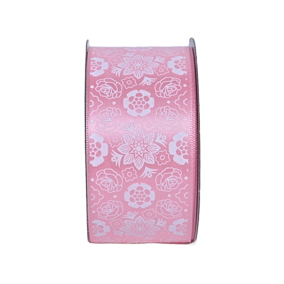 Gwen Studios 1.5" White Florals on Pink Satin Ribbon, 3 Yards