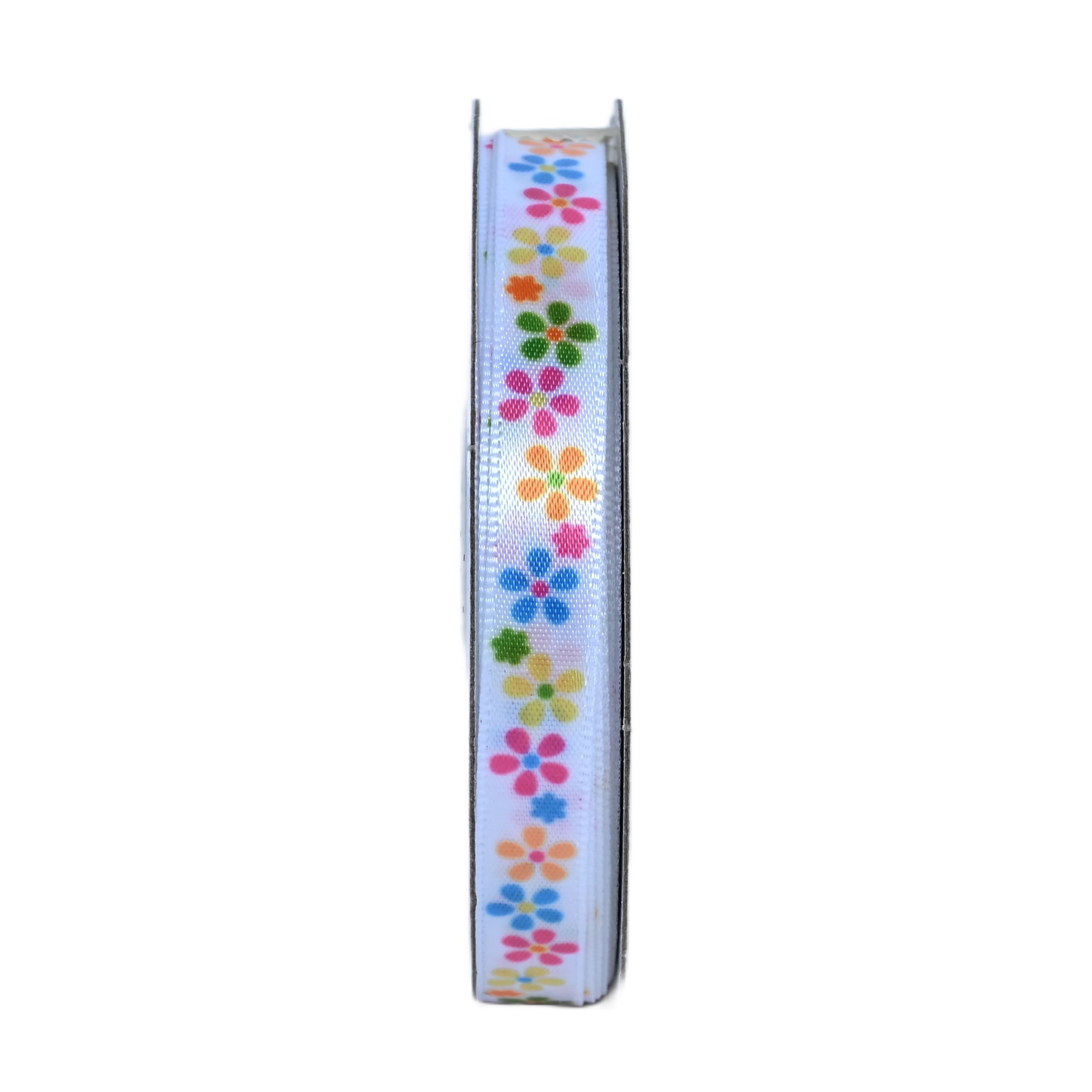 Gwen Studios 3/8" Multicolored Dasies on White Satin Ribbon, 3 Yards