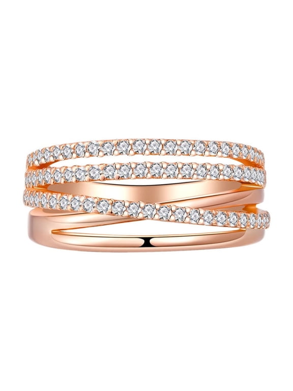 Wedding Band for Women 1CT 925 Sterling Silver Multi-Row Crossover Pave Engagement Ring 5A CZ Wrap for Her Rose Gold Plated Size 7