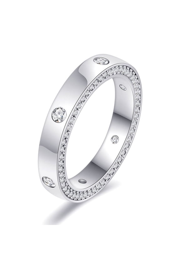1CT Wedding Band of Double Row Zirconia in Front/Back Pavé & Flush Top Engagement Ring in 925 Silver for Bridal Her Silver Size 6