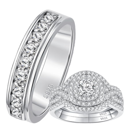 SFTING 925 Sterling Silver 3Pcs Double Halo Luxury for Women and 1Pc Wedding Band for Men with White Plated 5A Zirconia Engagement Wedding Ring Set for Him and Her Size 12&9