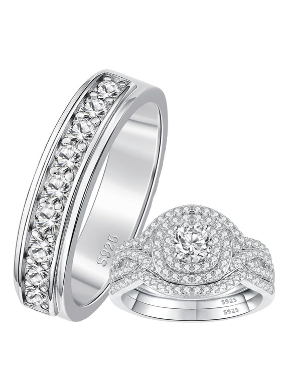925 Sterling Silver 3Pcs Double Halo Luxury for Women and 1Pc Wedding Band for Men with White Plated 5A Zirconia Engagement Wedding Ring Set for Him and Her Size 8&7