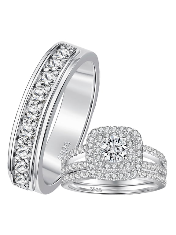 Wedding Ring Set for Him and Her 3Pcs 925 Sterling Silver with White Plated 5A Zirconia Engagement Bridal Ring Set Couple Wedding Rings Size 9&7
