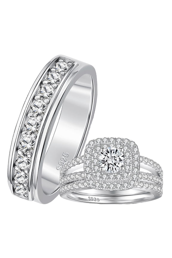 Wedding Ring Set for Him and Her 3Pcs 925 Sterling Silver with White Plated 5A Zirconia Engagement Bridal Ring Set Couple Wedding Rings Size 9&7