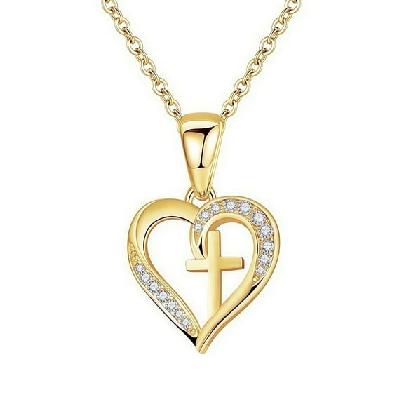 SFTING 925 Sterling Silver Classic Elegantly Valentine's Day Necklace Cubic Zirconia Heart and Cross Pendant Necklace Gift for Women Wife Mom