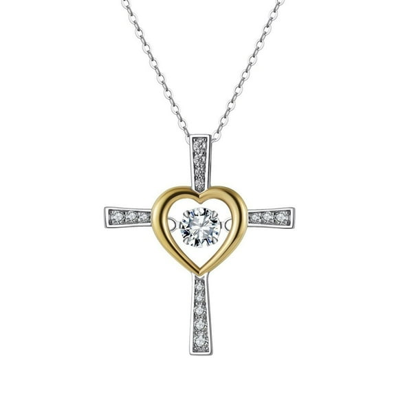 SFTING 925 Sterling Silver Cross with Heart and Sparkle Zirconia Solitaire Pendant Necklace for Women Wife Mom Dainty Jewelry First Communion Gifts