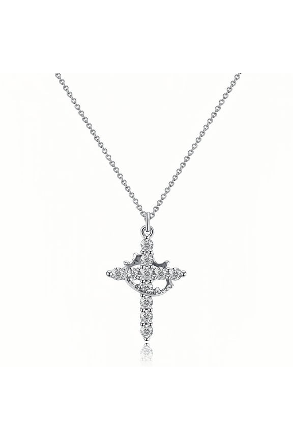 925 Sterling Silver Crown Cross Necklace for Women Teens, Dainty Cubic Zirconia Pendant Simple Faith Cross Jewelry Necklace