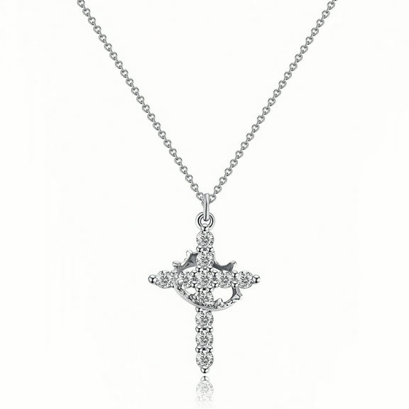SFTING 925 Sterling Silver Crown Cross Necklace for Women Teens, Dainty Cubic Zirconia Pendant Simple Faith Cross Jewelry Necklace