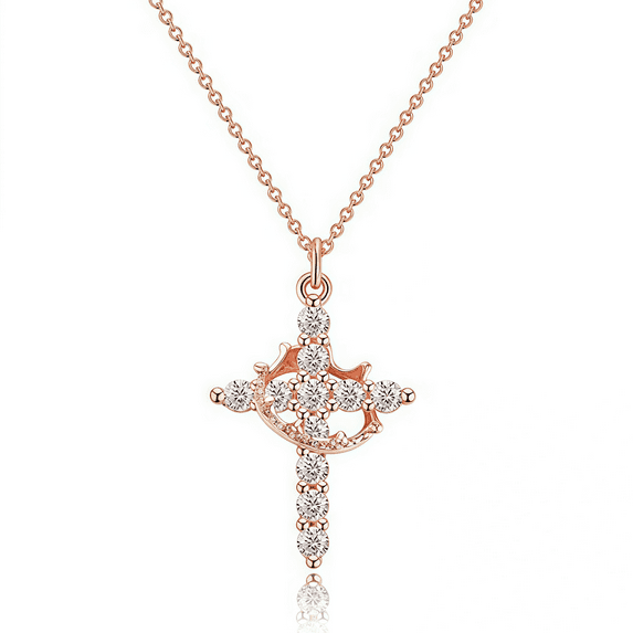 SFTING 925 Sterling Silver Crown Cross Necklace for Women Teens, Dainty Cubic Zirconia Pendant Simple Faith Cross Jewelry Necklace