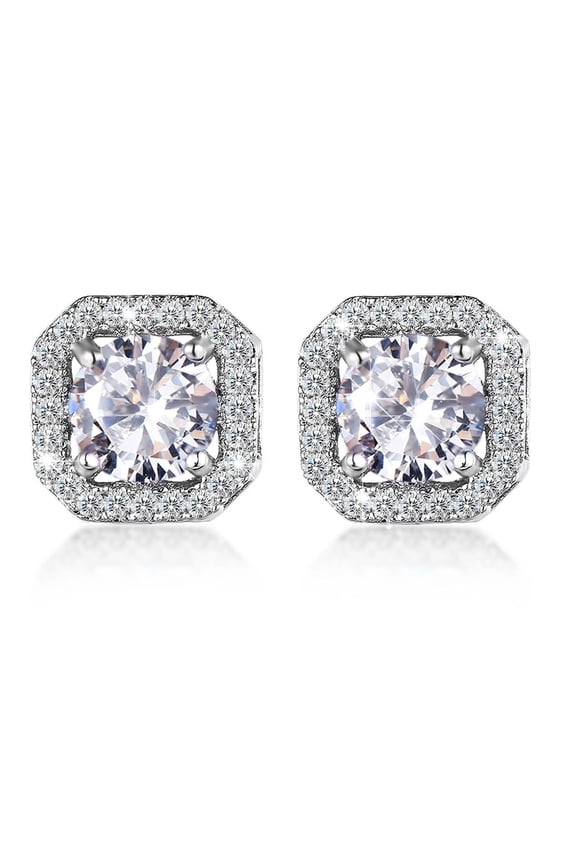 925 Sterling Silver Round Cut 1 Carat Cubic Zirconia with Square Halo Hypoallergenic Studs Earrings for Women and Men