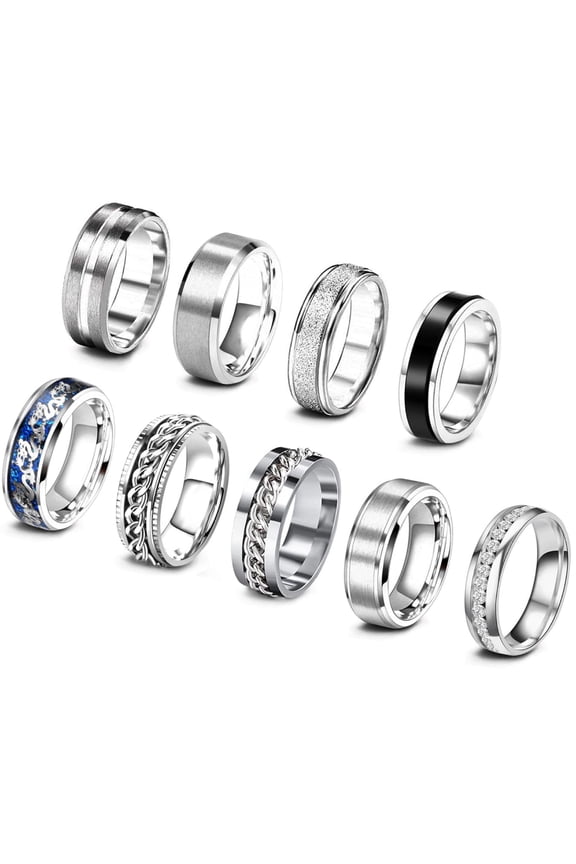 9Pcs Stainless Steel Band Ring for Men Women Fidget Spinning Engagement Ring Set Size 11