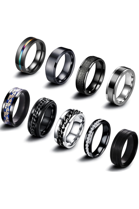 9Pcs Stainless Steel Band for Men Women Fidget Spinning Black Engagement Ring Set Size 12