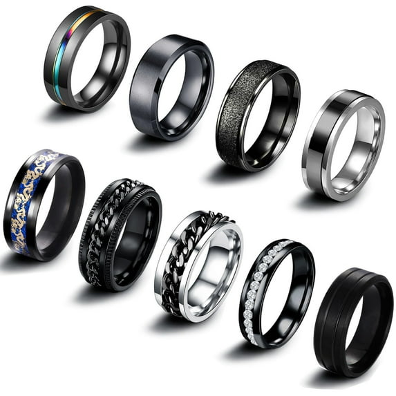 SFTING 9Pcs Stainless Steel Band for Men Women Fidget Spinning Black Engagement Ring Set Size 9