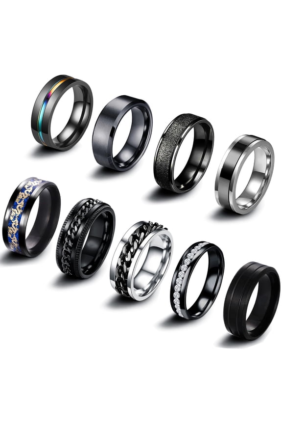 9Pcs Stainless Steel Band for Men Women Fidget Spinning Black Engagement Ring Set Size 9