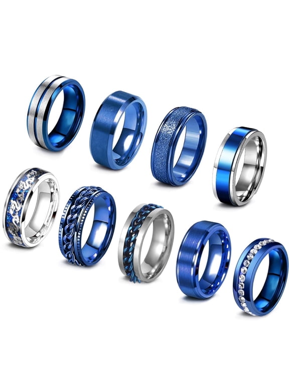 9Pcs Stainless Steel Band for Men Women Fidget Spinning Blue Engagement Ring Set Size 12