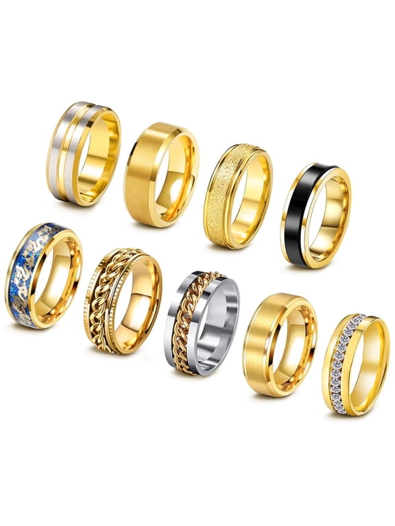 9Pcs Stainless Steel Band for Men Women Fidget Spinning Gold Engagement Ring Set Size 11