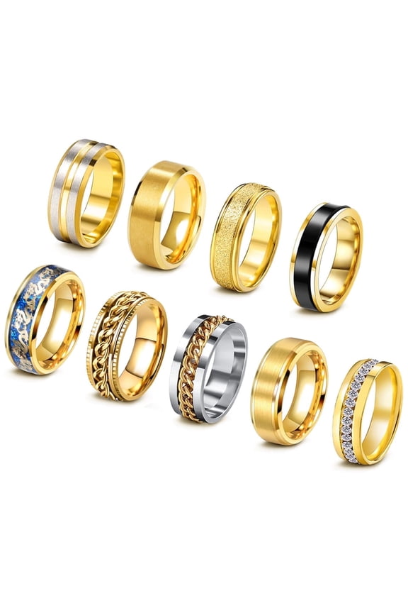 9Pcs Stainless Steel Band for Men Women Fidget Spinning Gold Engagement Ring Set Size 9