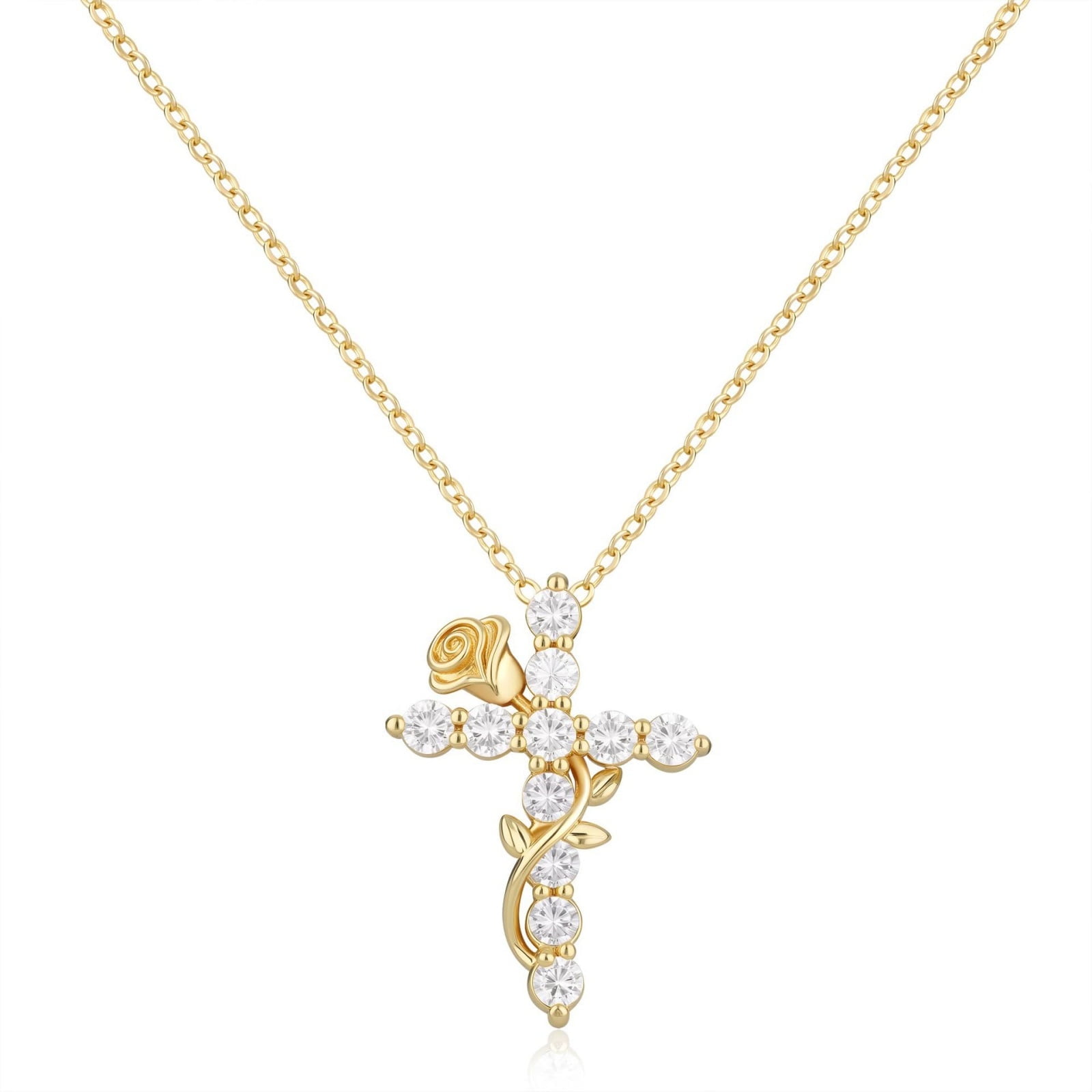 SFTING Cross Necklace for Women Rose Flower 18K Gold Plated Dainty Cross Pendant Faith Jewelry Gifts for Women Yellow