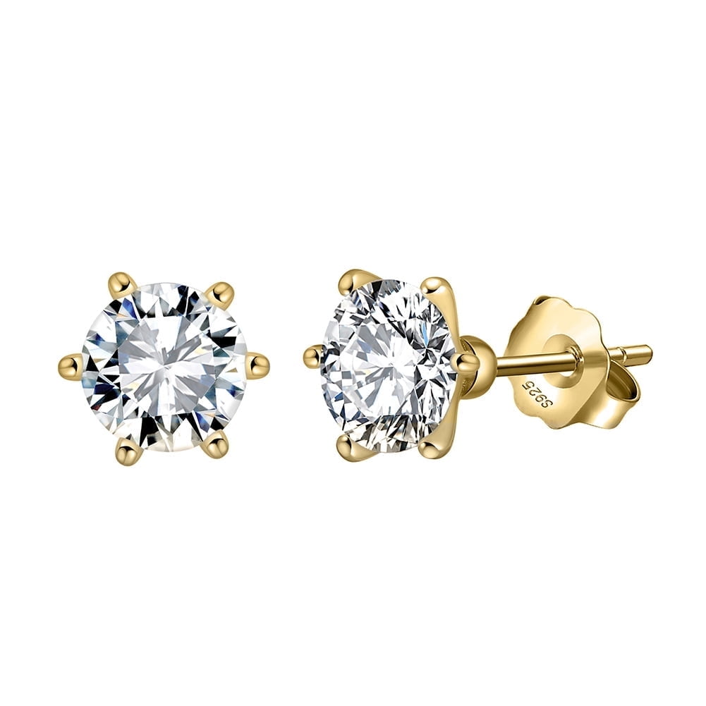 SFTING Cubic Zirconia Stud Earrings for Women Men Hypoallergenic 925 Sterling Silver Post Earrings 8A CZ 6.5*6.5 Round Cut 6-prong Setting Stud Earrings for Sensitive Ears Yellow