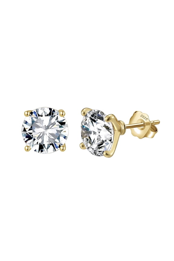 Cubic Zirconia Stud Earrings for Women Men Hypoallergenic 925 Sterling Silver Post Earrings 8A CZ 8*8 Round Cut 4-prong Setting Stud Earrings for Sensitive Ears Yellow