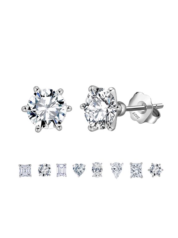 Cubic Zirconia Stud Earrings for Women Men Hypoallergenic 925 Sterling Silver Post Earrings 8A CZ 8*8 Round Cut 6-prong Setting Stud Earrings for Sensitive Ears